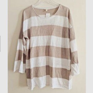 Eileen Fisher organic linen sweater Size L striped tan/white NWT